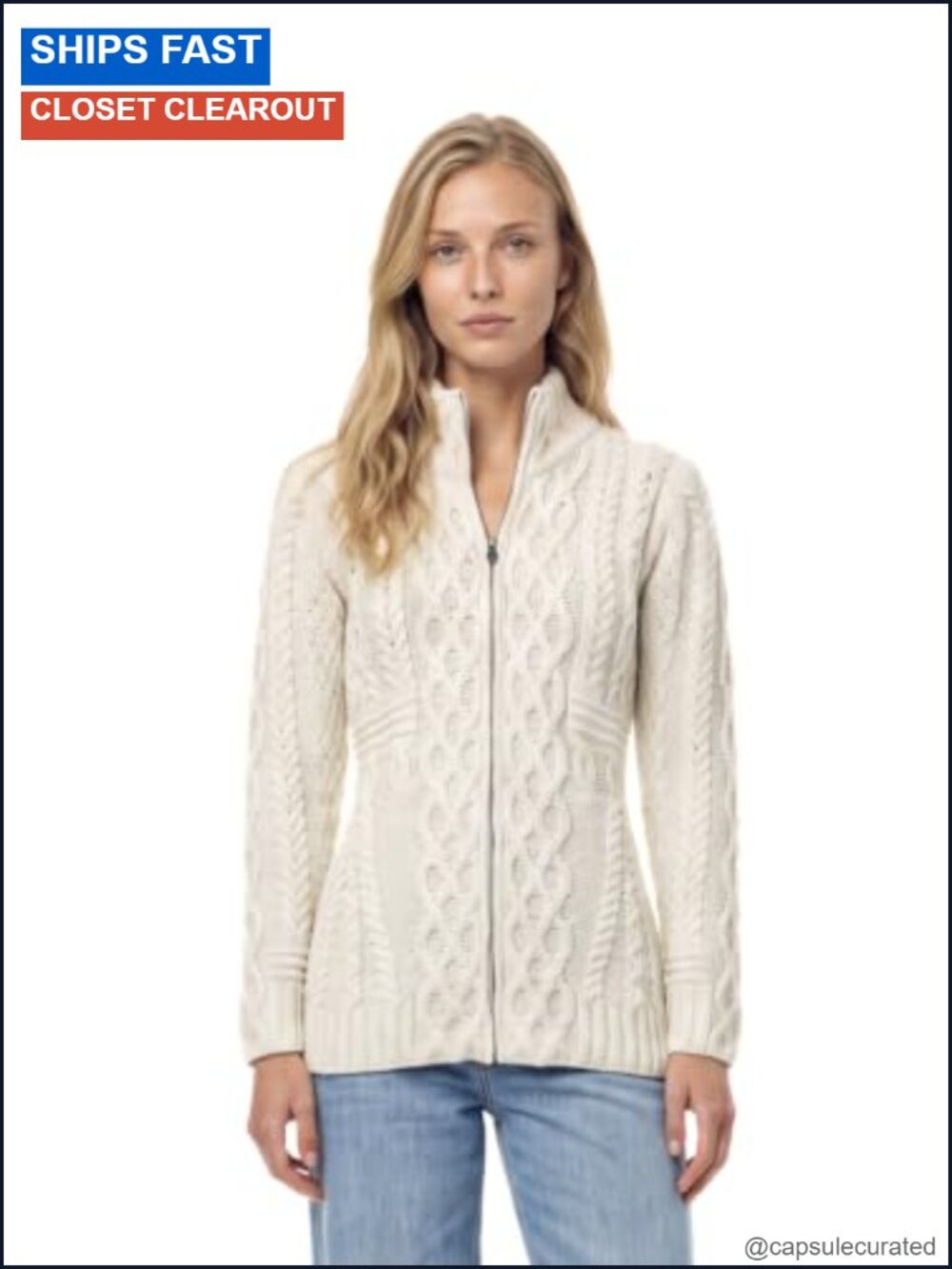 Merino Wool Cardigan Full Zip Aran Knit Cowl Neck Cardigan
